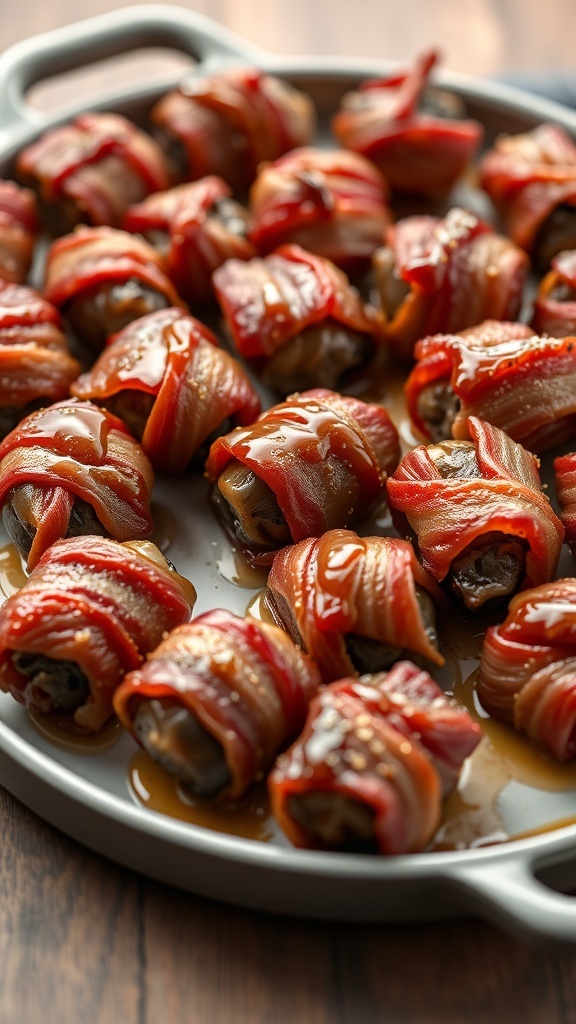 A platter of maple glazed bacon-wrapped dates, showcasing their golden-brown color and shiny glaze.