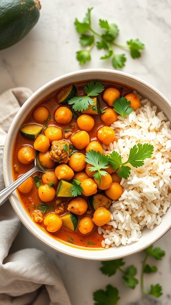 A bowl of zucchini and chickpea curry served with rice, garnished with fresh cilantro.