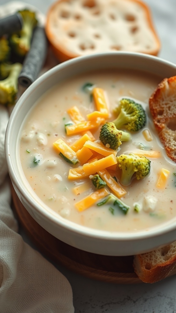 A bowl of creamy broccoli and cheddar soup, garnished with cheese and broccoli florets, served with bread on the side.