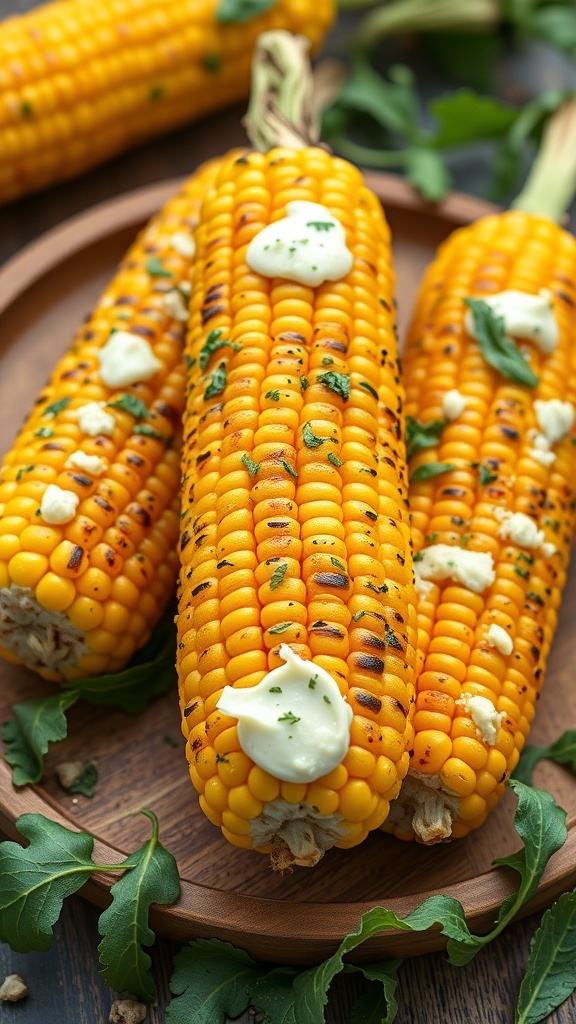 Grilled corn on the cob topped with herb butter on a wooden plate