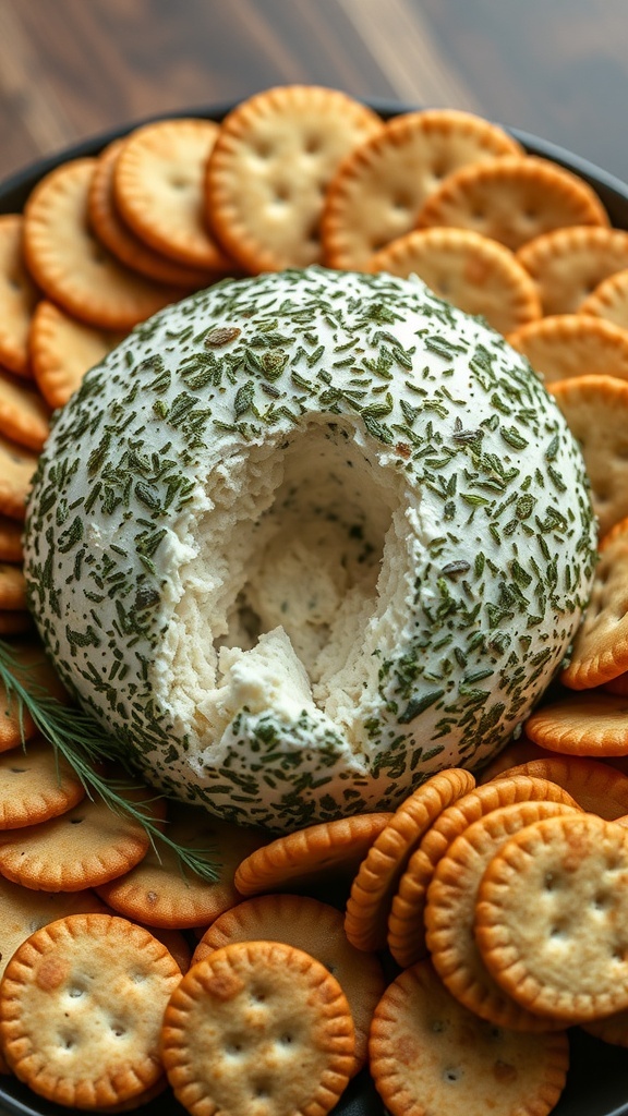A herb-crusted cheese ball surrounded by crackers on a platter.