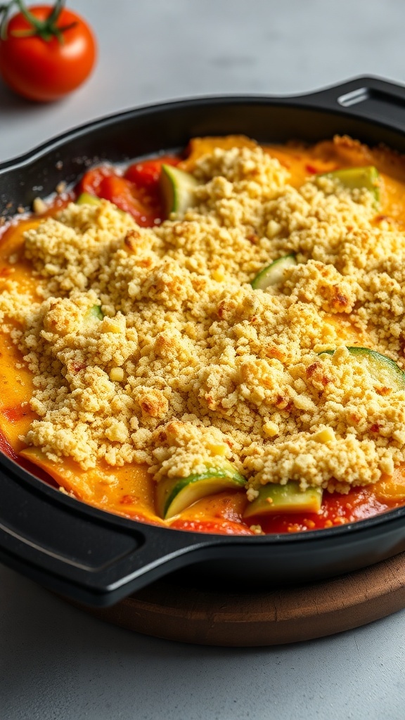 A baked zucchini and tomato gratin with a golden crust