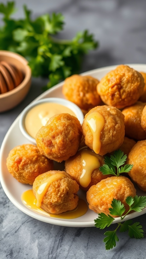 A plate of golden hush puppies drizzled with honey butter, garnished with fresh cilantro.