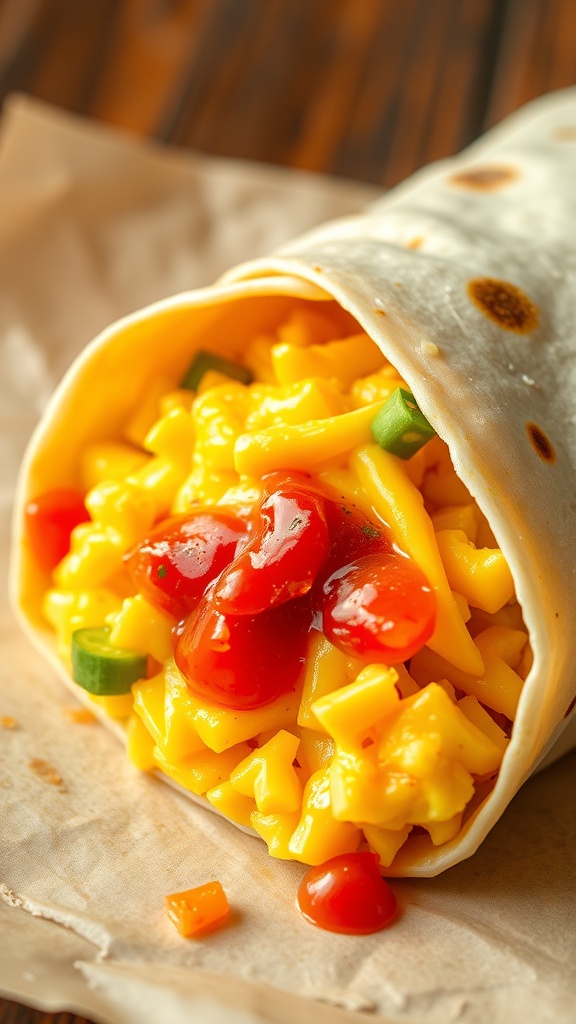 A close-up of a breakfast burrito filled with scrambled eggs, cheese, and topped with ketchup and green onions.
