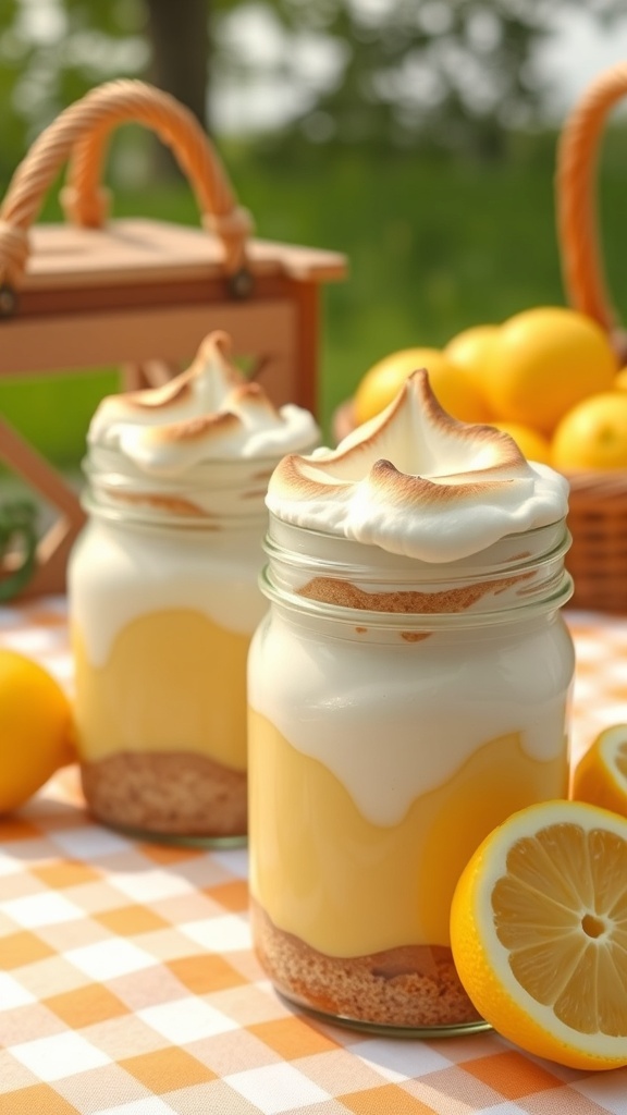Two jars of lemon meringue pie with a picnic basket and lemons in the background