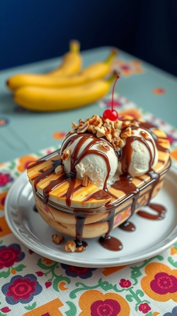 A delicious grilled banana split with ice cream, chocolate syrup, and nuts on a colorful table.