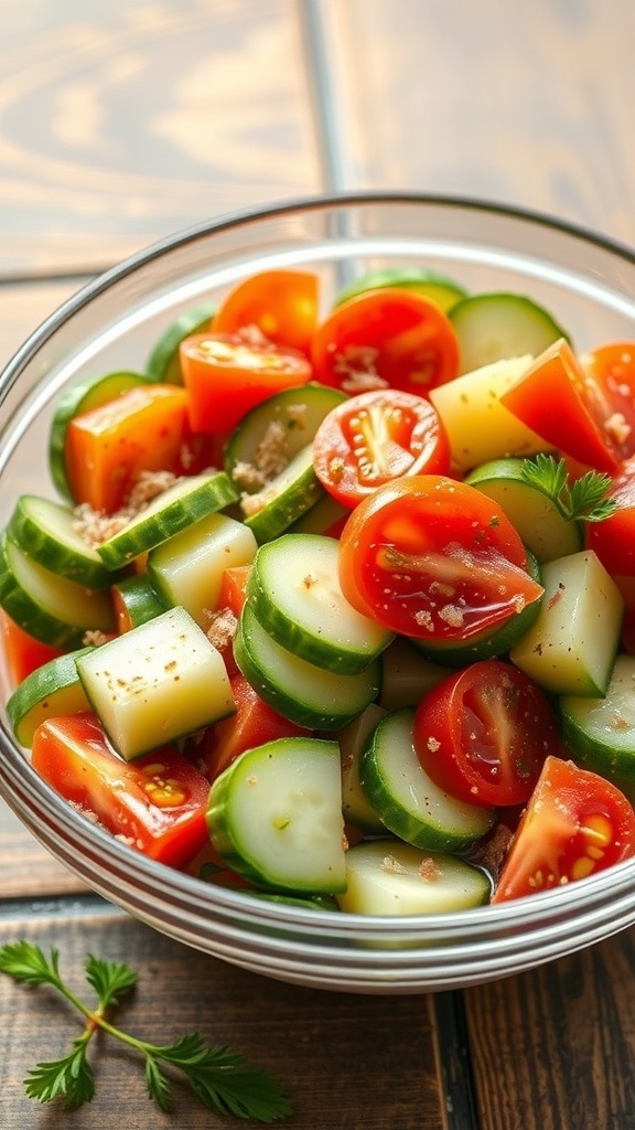 A bowl of cucumber and tomato salad with fresh herbs