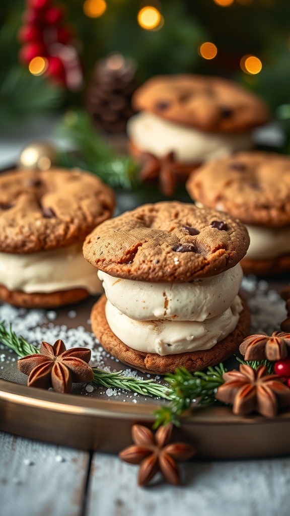 Ginger molasses cookie ice cream sandwiches with festive decorations