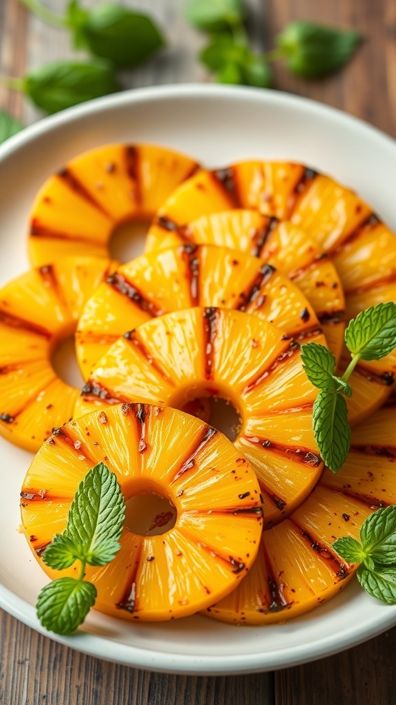 Grilled pineapple slices on a plate with mint leaves