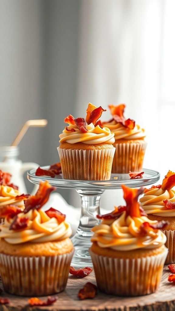 Delicious maple bacon cupcakes topped with crispy bacon bits.