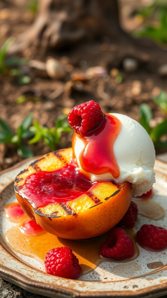 Grilled peach half topped with vanilla ice cream and raspberry sauce, garnished with fresh raspberries.