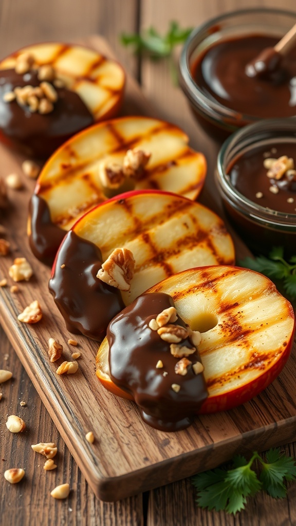 Grilled apple halves dipped in chocolate and topped with nuts on a wooden board