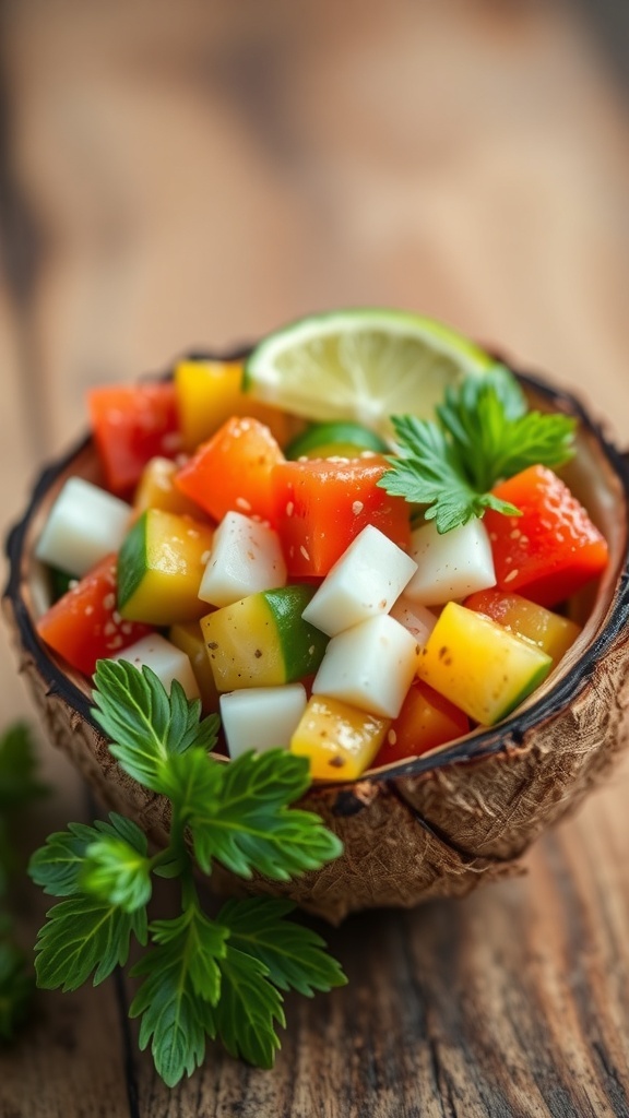 A colorful bowl of grilled fruit salad with coconut and lime, featuring diced pineapple, mango, and bell peppers.