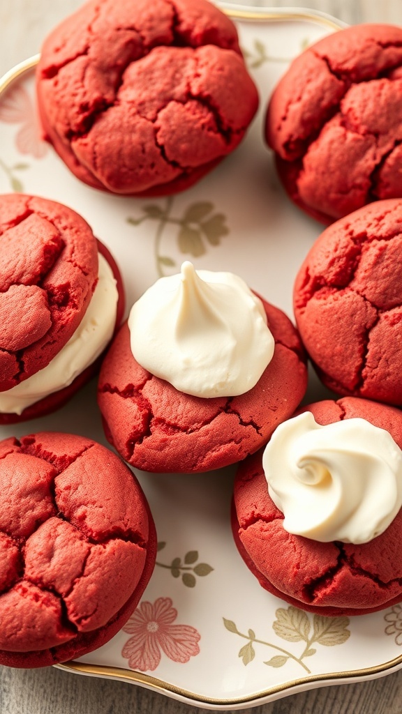 A plate of red velvet cookie ice cream sandwiches with creamy filling