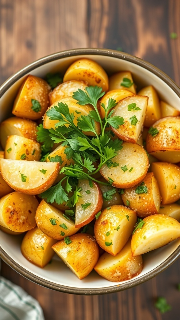 A bowl of garlic parmesan roasted potatoes garnished with parsley.