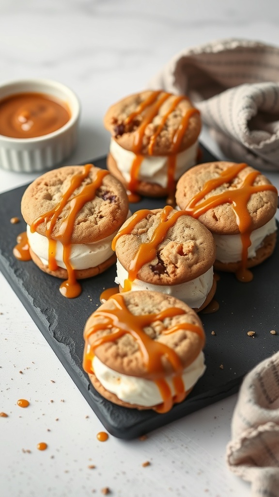 Salted caramel cookie ice cream sandwiches drizzled with caramel sauce on a slate board.