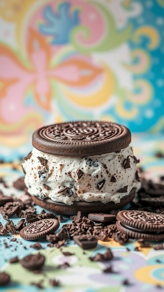 Oreo cookie ice cream sandwich with colorful background