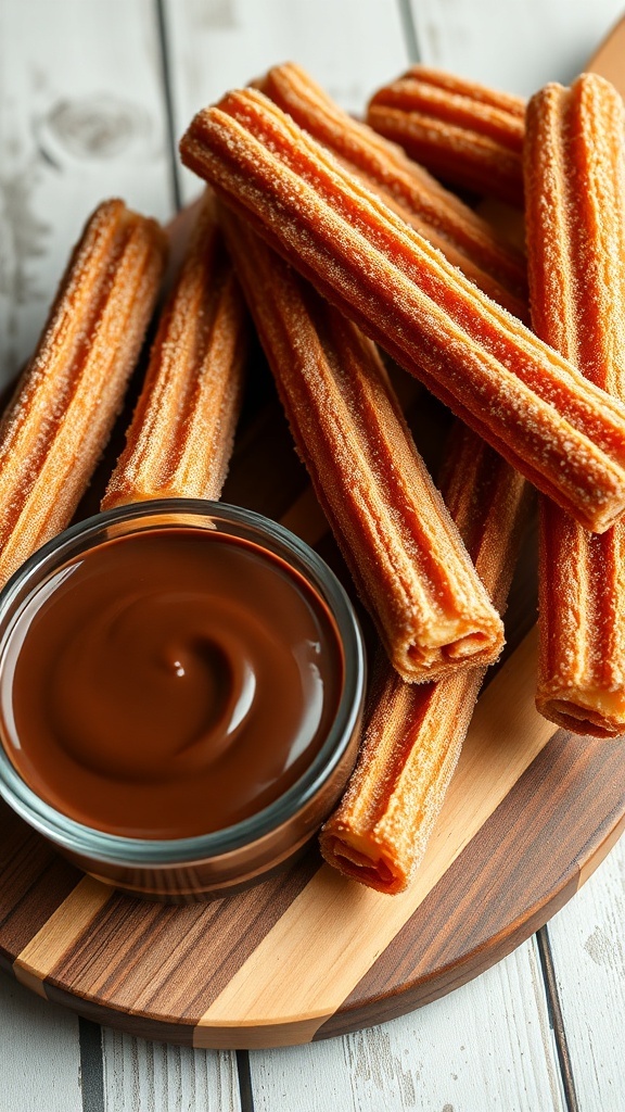 Grilled churros coated in cinnamon sugar with a side of chocolate sauce