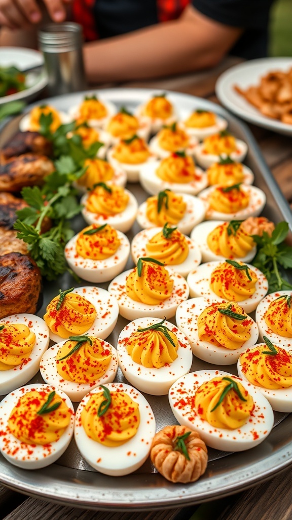 A platter of deviled eggs topped with paprika and garnished with herbs, served at a BBQ.