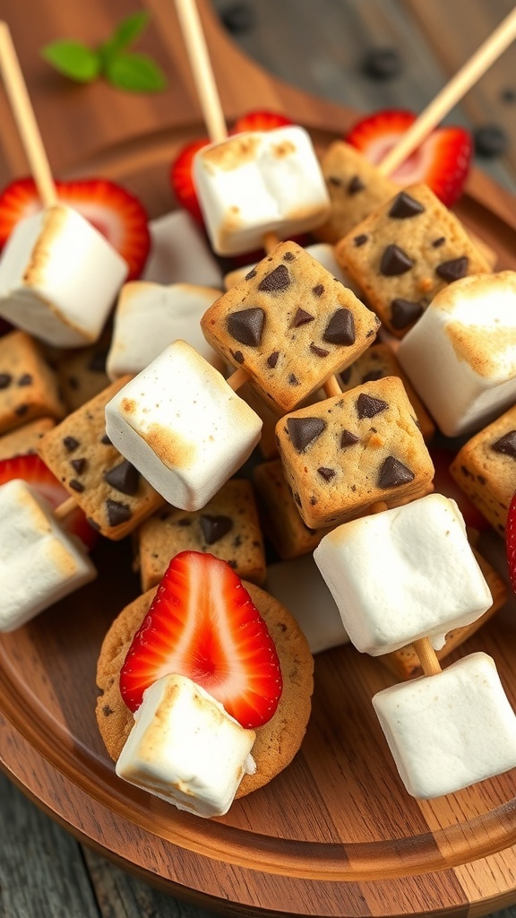 Chocolate chip cookie skewers with marshmallows and strawberries on a wooden platter