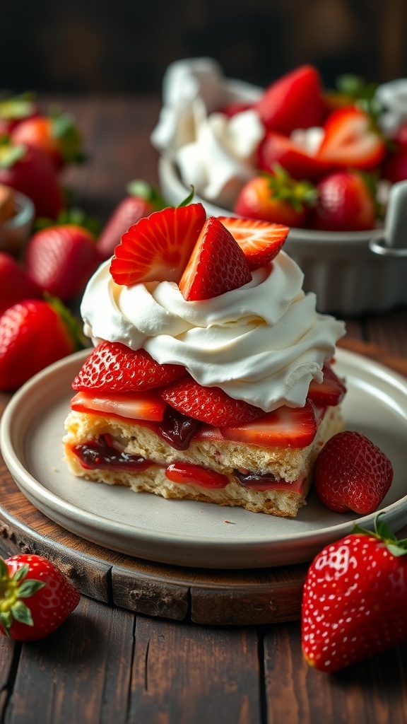 A delicious BBQ Strawberry Shortcake topped with whipped cream and fresh strawberries, served on a plate.