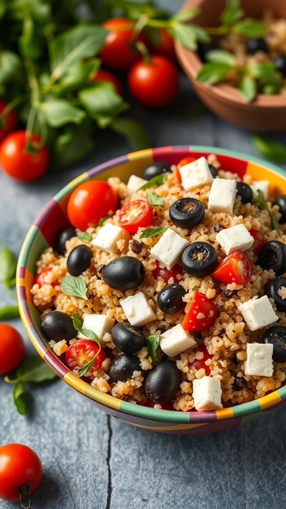 A colorful Mediterranean Quinoa Salad with cherry tomatoes, black olives, and feta cheese in a bowl.
