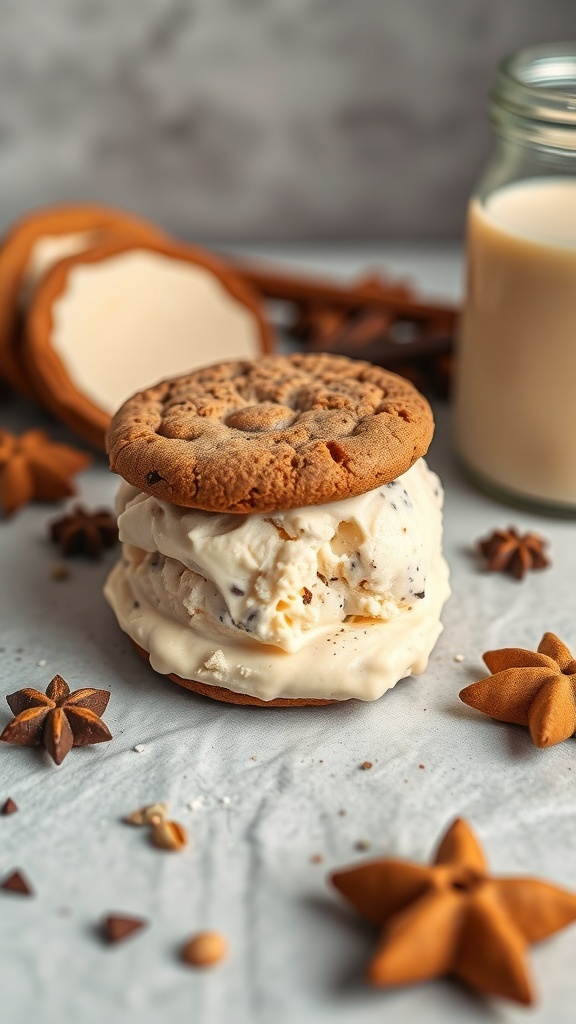 Chai spiced cookie ice cream sandwich with star anise and a glass of milk
