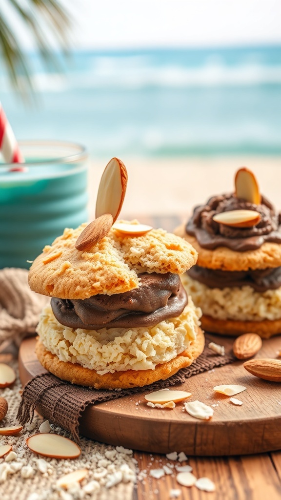 Two Almond Joy inspired ice cream sandwiches with chocolate and coconut ice cream, topped with almonds, on a wooden platter with a beach background.
