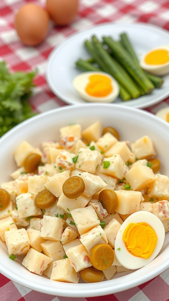 A bowl of classic potato salad with pickles, garnished with herbs, alongside hard-boiled eggs and green onions.
