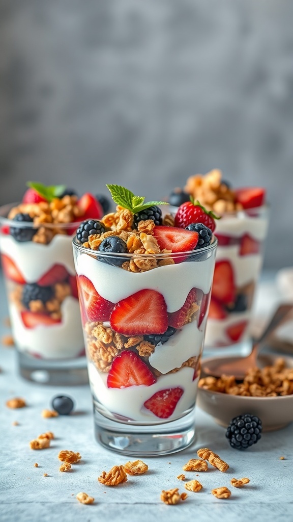 Berry and yogurt parfaits with granola in glasses