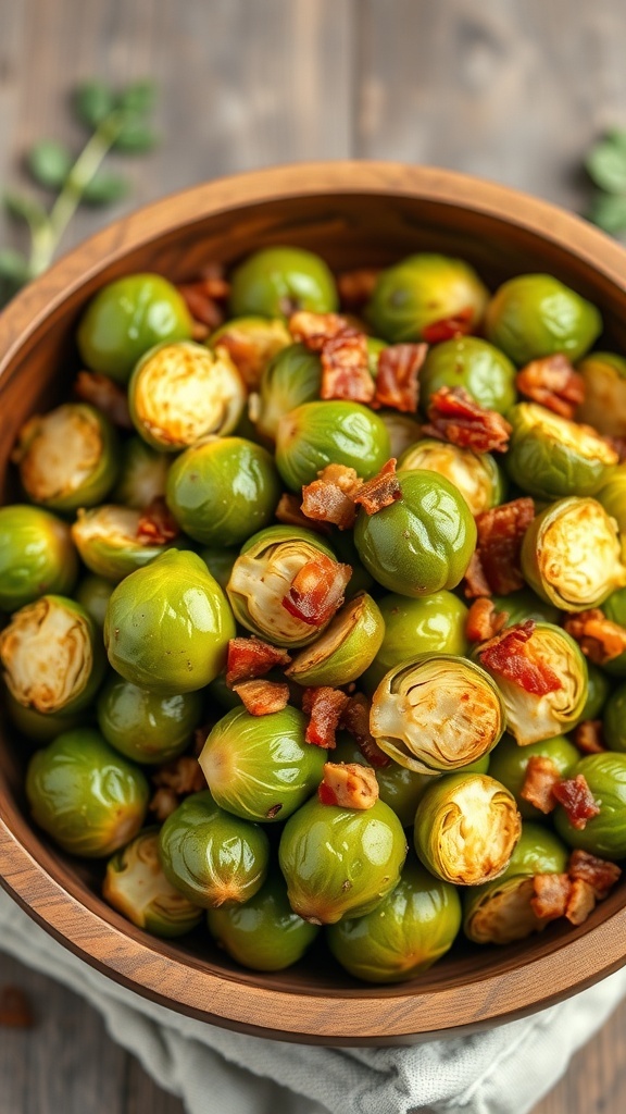 A wooden bowl filled with roasted Brussels sprouts and crispy bacon pieces.