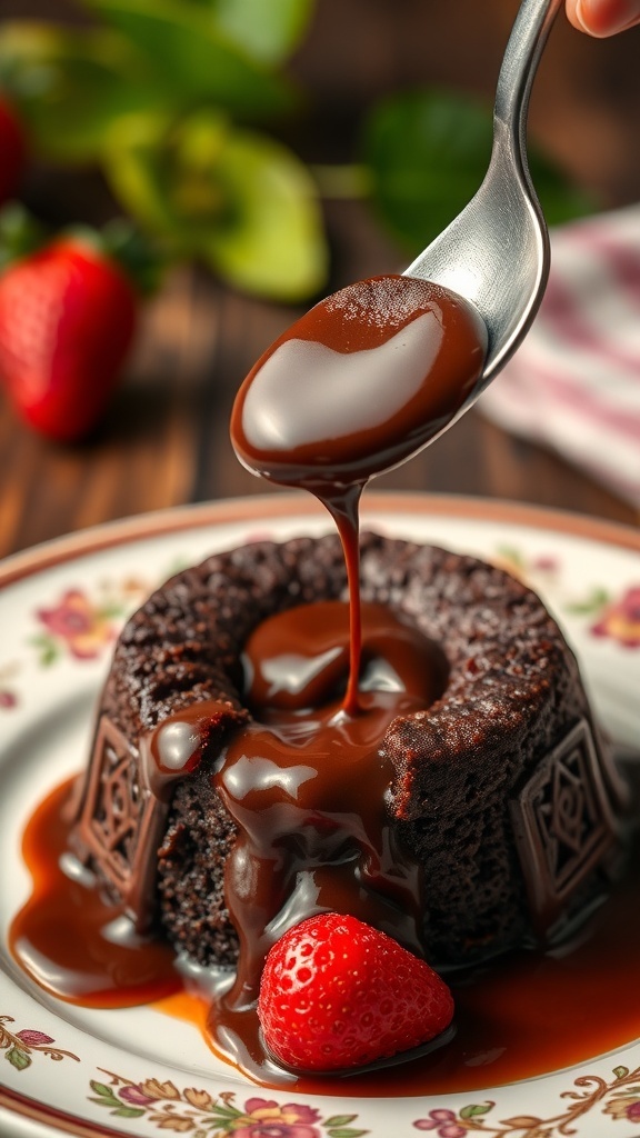 A grilled chocolate lava cake with chocolate sauce being poured over it, garnished with a fresh strawberry.