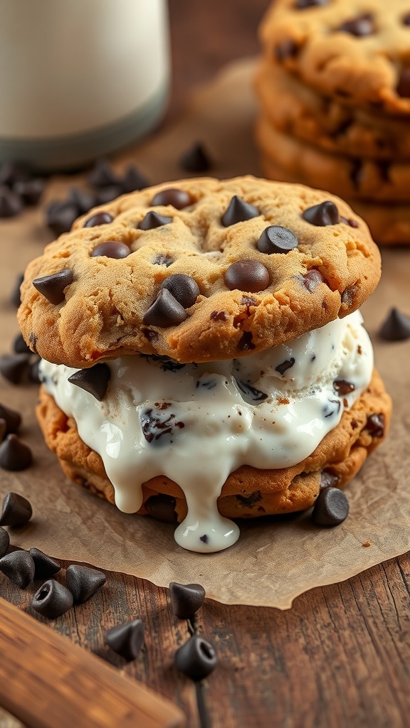 Delicious chocolate chip cookie ice cream sandwich with melting ice cream and chocolate chips