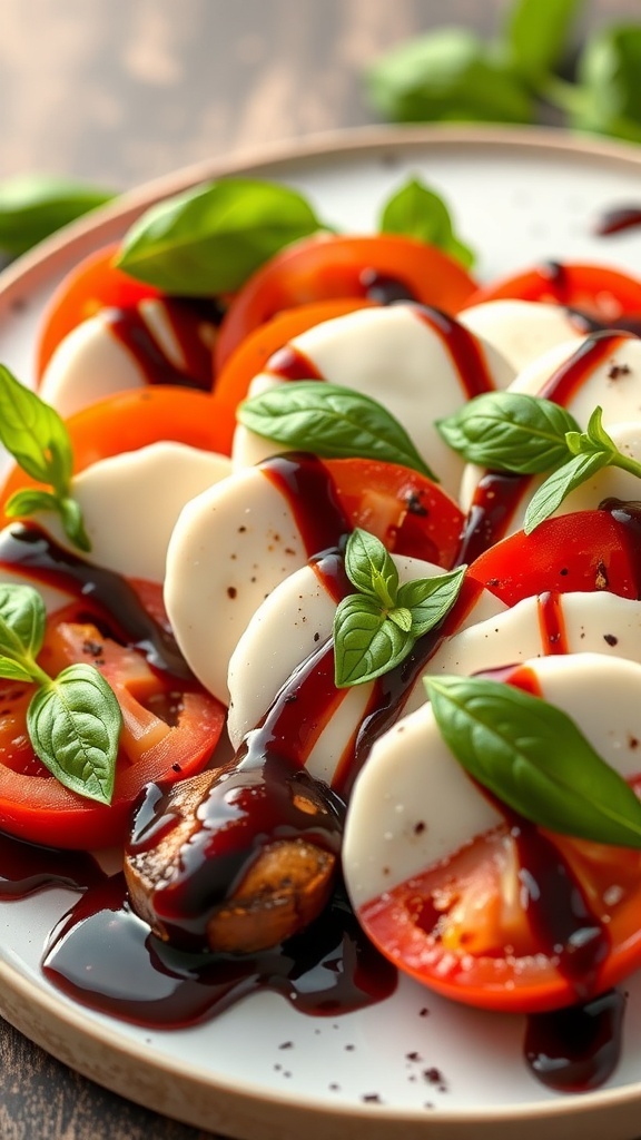 A plate of Caprese salad featuring slices of mozzarella and tomatoes, garnished with fresh basil and balsamic glaze.