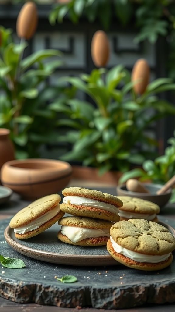 Matcha green tea cookie ice cream sandwiches on a plate surrounded by greenery