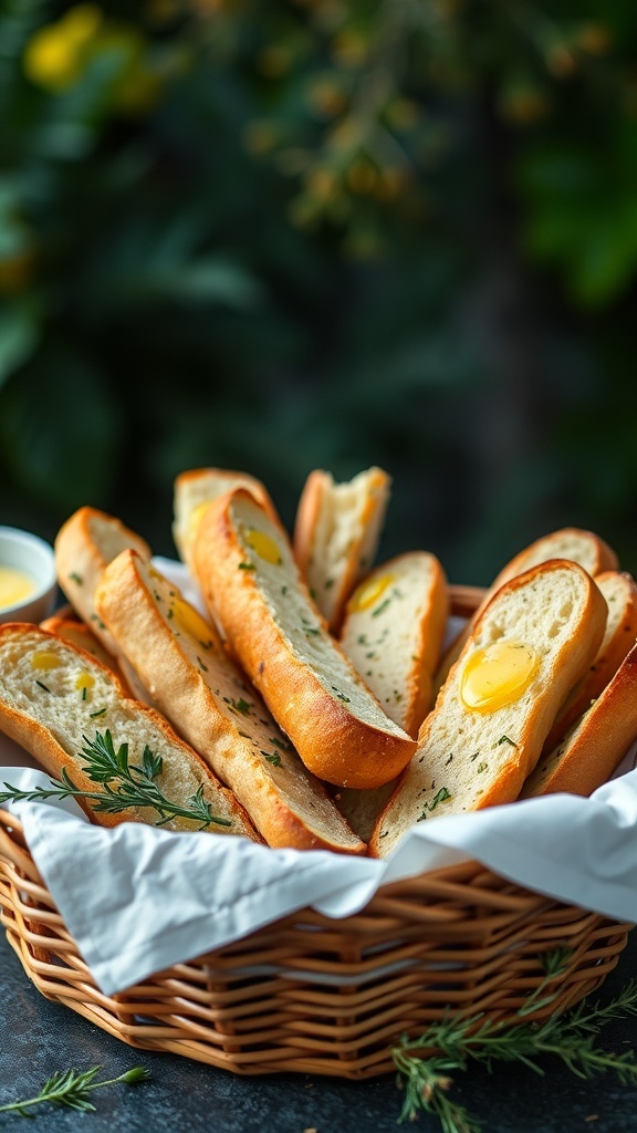 A basket of golden-brown garlic breadsticks with a hint of egg, surrounded by greenery.