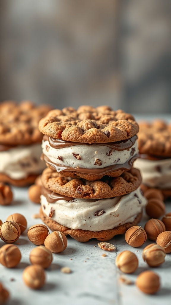 Nutella and hazelnut cookie ice cream sandwiches stacked with hazelnuts scattered around