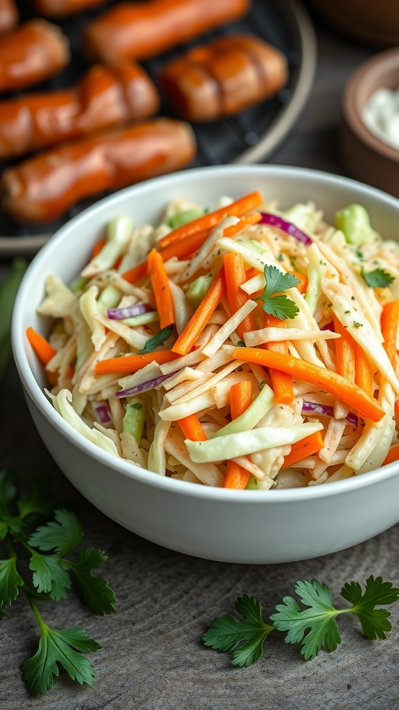 A bowl of creamy coleslaw with carrots and cabbage, with hot dogs in the background.