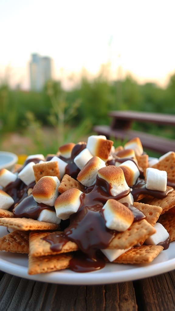 A plate of s'mores nachos topped with toasted marshmallows and chocolate sauce.