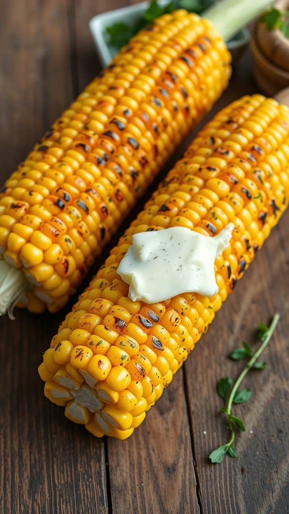 Grilled corn on the cob with herb butter on a wooden table.