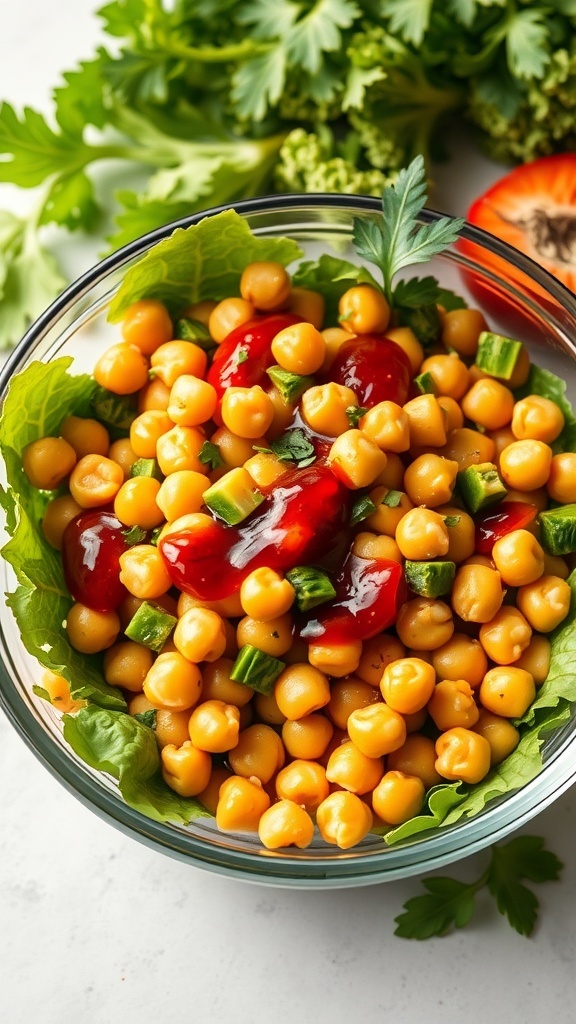 A colorful bowl of Tangy BBQ Chickpea Salad with chickpeas, green onions, and BBQ sauce on a bed of lettuce.