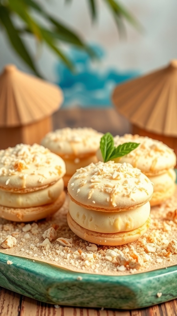 Coconut Macaroon Ice Cream Sandwiches on a plate with a beachy background