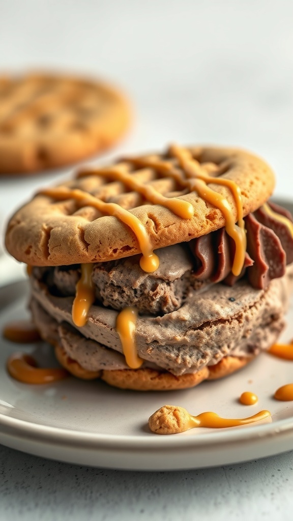 Peanut butter cookie ice cream sandwich with chocolate ice cream and peanut butter drizzle