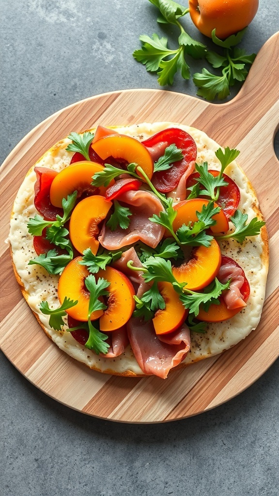 Flatbread topped with apricots, prosciutto, tomatoes, and parsley on a wooden board.