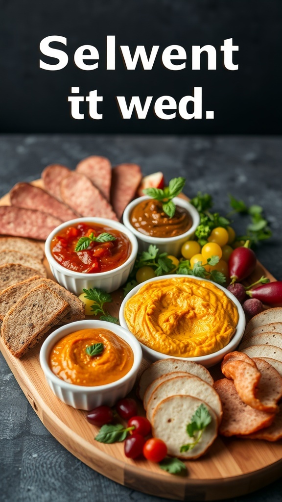 A fall-themed charcuterie board featuring various dips and spreads, including hummus and savory spreads, surrounded by slices of bread and meats.