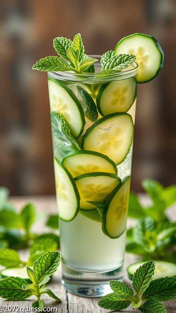 A refreshing cucumber mint cooler drink with slices of cucumber and mint leaves.