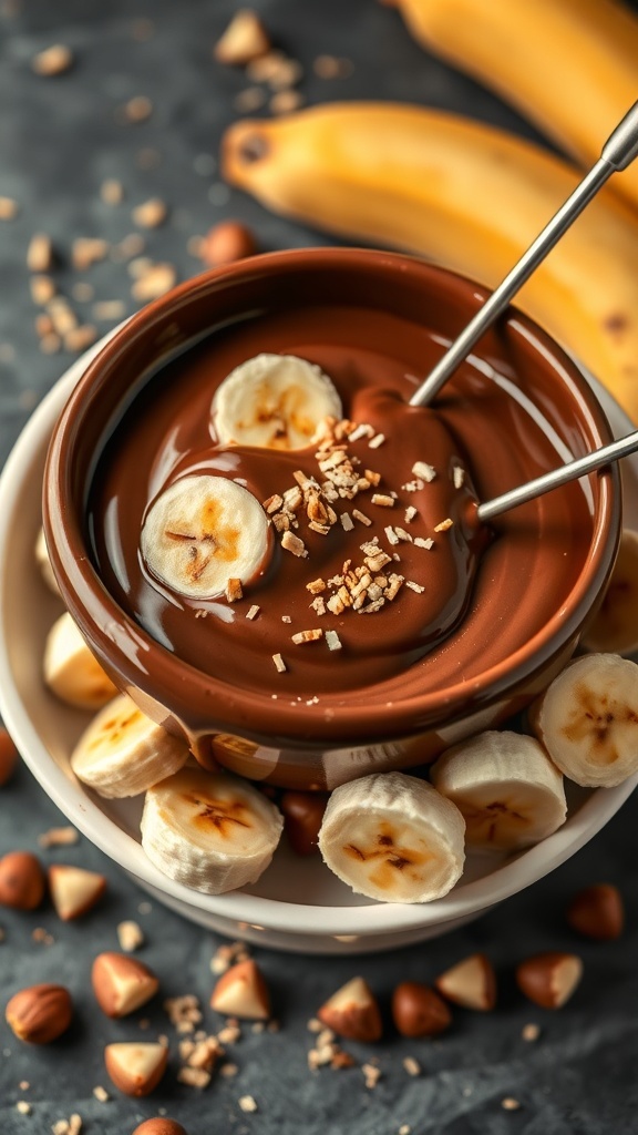 A bowl of nutty hazelnut chocolate fondue with banana slices and chopped hazelnuts
