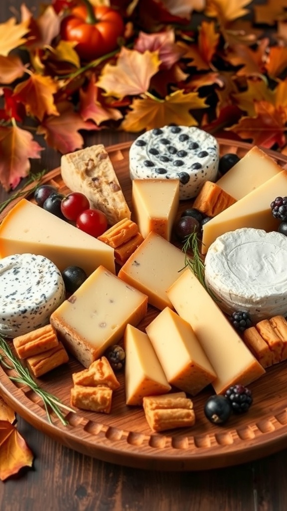A fall charcuterie board featuring a variety of cheeses, seasonal fruits, and crackers, surrounded by autumn leaves.