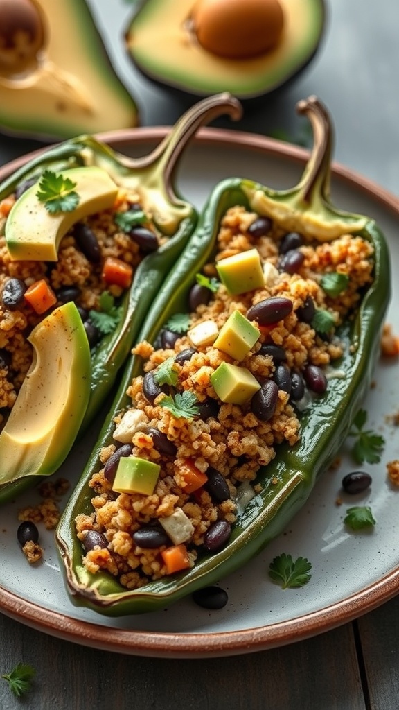 Poblano peppers stuffed with quinoa, black beans, and vegetables, garnished with avocado and cilantro