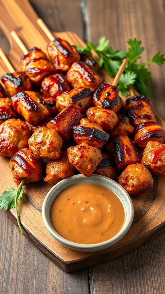 Grilled spicy BBQ chicken skewers on a wooden platter with dipping sauce